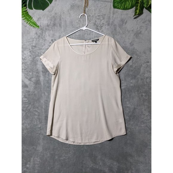 Express Tops - 🍑EXPRESS Women Knit Tunic Solid Beige Round Neck Short Sleeve Zip Close M(8-10)
